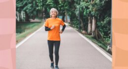 happy, mature woman walking briskly outdoors for exercise