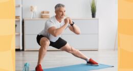 fit, mature man doing side lunges at home on yoga mat in bright living space