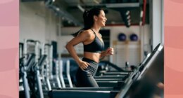 fit, focused brunette woman running on the treadmill at the gym