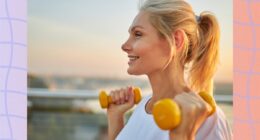 close-up of mature blonde woman walking while lifting dumbbells at sunset