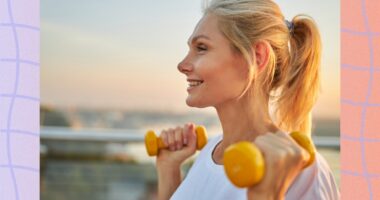 close-up of mature blonde woman walking while lifting dumbbells at sunset