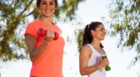 two women holding dumbbells while walking for weight loss