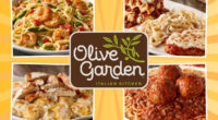 collage of four olive garden pasta dishes around a restaurant logo