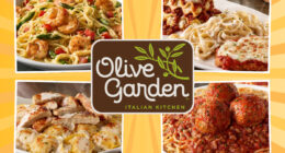 collage of four olive garden pasta dishes around a restaurant logo