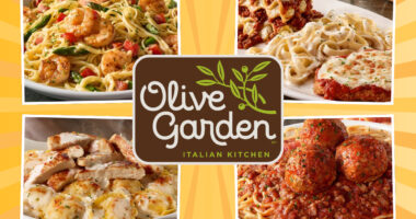 collage of four olive garden pasta dishes around a restaurant logo