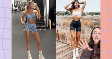 split image of two fitness women showing transformation of lean, defined legs