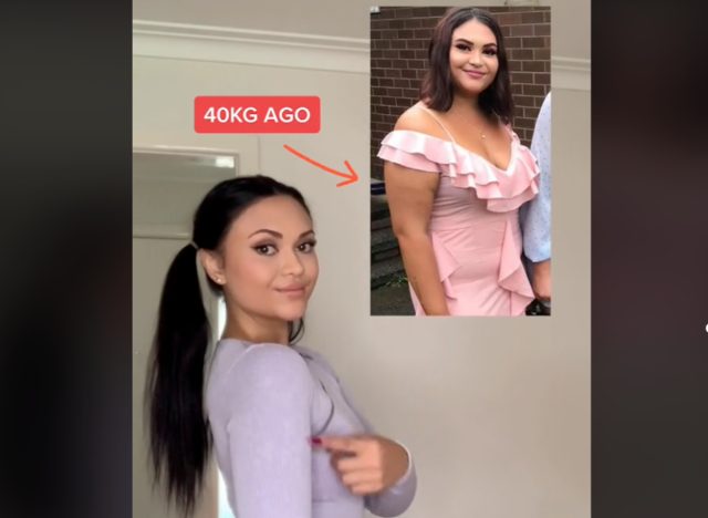 screenshot of woman comparing before and after photos of her arms