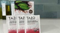 three Tazo black tea bags on countertop