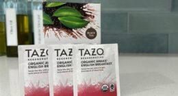 three Tazo black tea bags on countertop