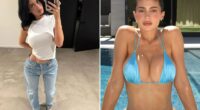 Kylie Jenner flashes tiny waist before stripping to blue bikini as she promotes new clothing range