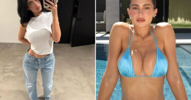 Kylie Jenner flashes tiny waist before stripping to blue bikini as she promotes new clothing range