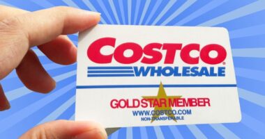 A closeup of a Costco Gold-level membership card set against a vibrant background.