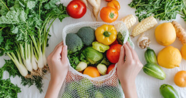 Close-up of hands placing fresh vegetables and fruits into an eco-mesh bag on a white table.