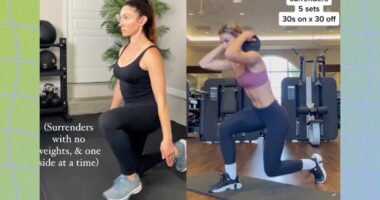 split image of women doing surrender squats