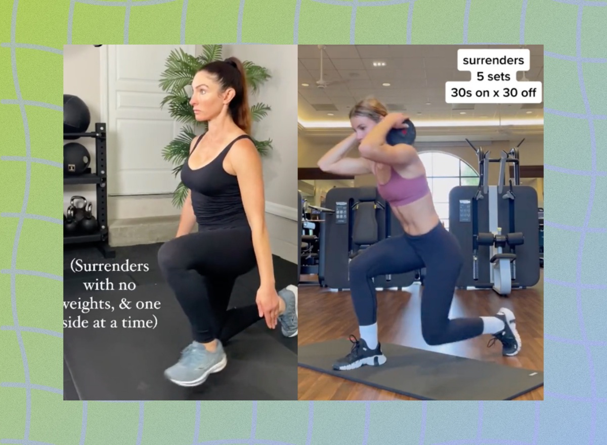 split image of women doing surrender squats