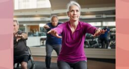 fit, mature woman doing squats in group fitness class at the gym