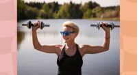 fit, mature blonde woman lifts dumbbells by a lake on a sunny day