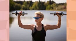 fit, mature blonde woman lifts dumbbells by a lake on a sunny day