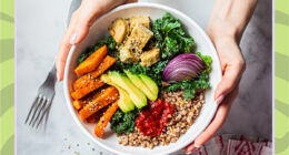 woman holding bowl of vegetables sweet potatoes avocado tofu hemp seeds onion kale grains