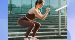 fit, focused woman doing bodyweight squats outdoors near set of stairs