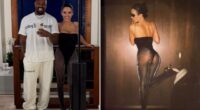 Bianca Censori flashes her bum in see-through tights as she smiles next to husband Kanye in glam New Year snap