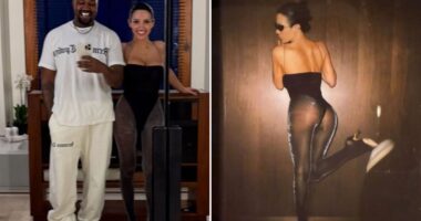 Bianca Censori flashes her bum in see-through tights as she smiles next to husband Kanye in glam New Year snap