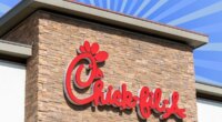 Chick-fil-A store on striped blue background