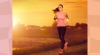 fit, happy woman running outdoors at sunset or sunrise through train in town by the water