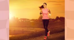 fit, happy woman running outdoors at sunset or sunrise through train in town by the water