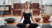 Relaxed caucasian woman dressed in black sportswear sits on carpet in lotos pose looking at camera in shiny and atmospheric living room.