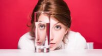 young woman looking through glass of water