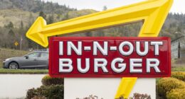 Grants Pass, OR, USA - Apr,3 2023: In-N-Out Burger sign is seen at its restaurant in Grants Pass, Oregon. In-N-Out Burger is an American regional fast food chain based in Irvine, California.