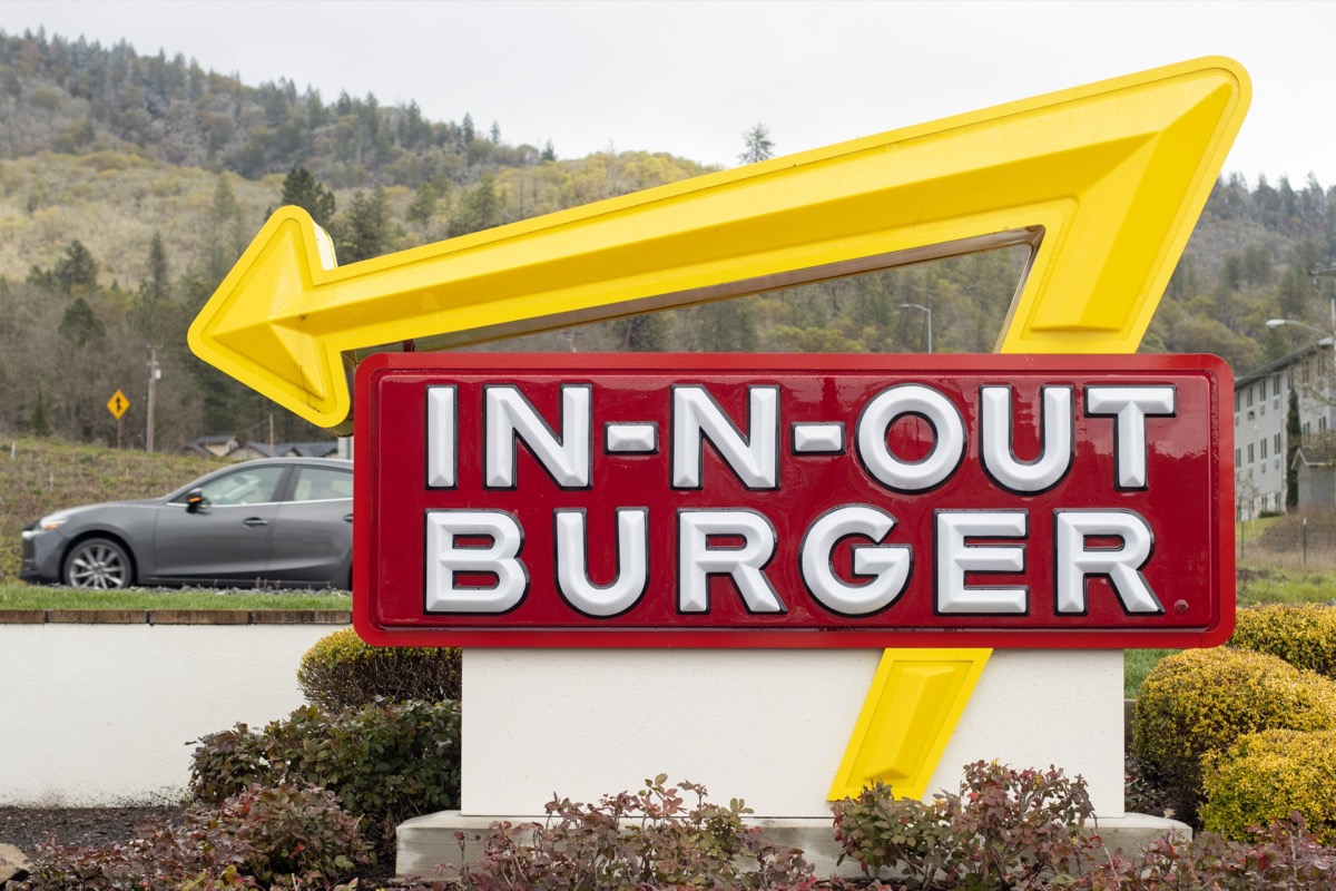 Grants Pass, OR, USA - Apr,3 2023: In-N-Out Burger sign is seen at its restaurant in Grants Pass, Oregon. In-N-Out Burger is an American regional fast food chain based in Irvine, California.