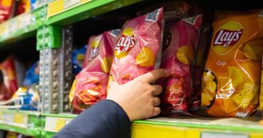 Lays potato chips packaging on store shelf