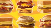 a collage of fast-food breakfast sandwiches on a designed background