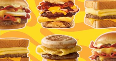 a collage of fast-food breakfast sandwiches on a designed background