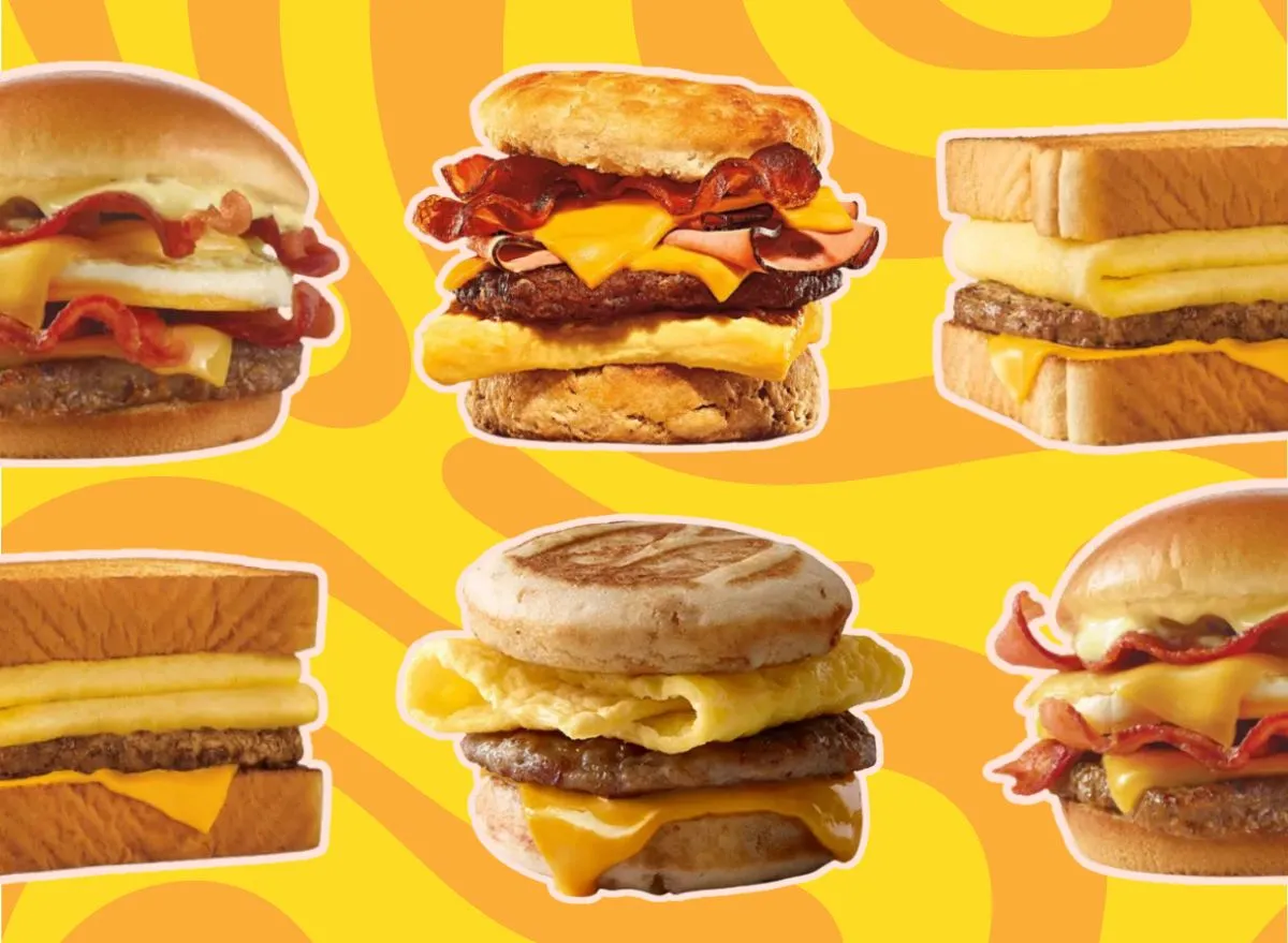 a collage of fast-food breakfast sandwiches on a designed background