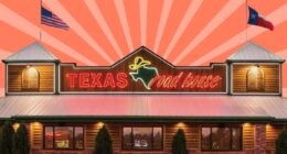 Storefront of a Texas Roadhouse restaurant against a colorful background