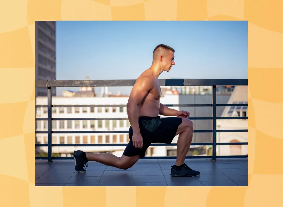 fit man doing walking lunges on rooftop workout space