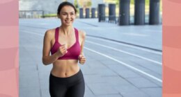 fit, happy brunette woman running outdoors