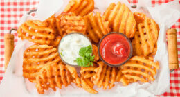 Fresh waffle fries with ketchup and mayonnaise