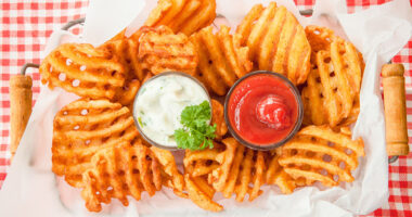 Fresh waffle fries with ketchup and mayonnaise