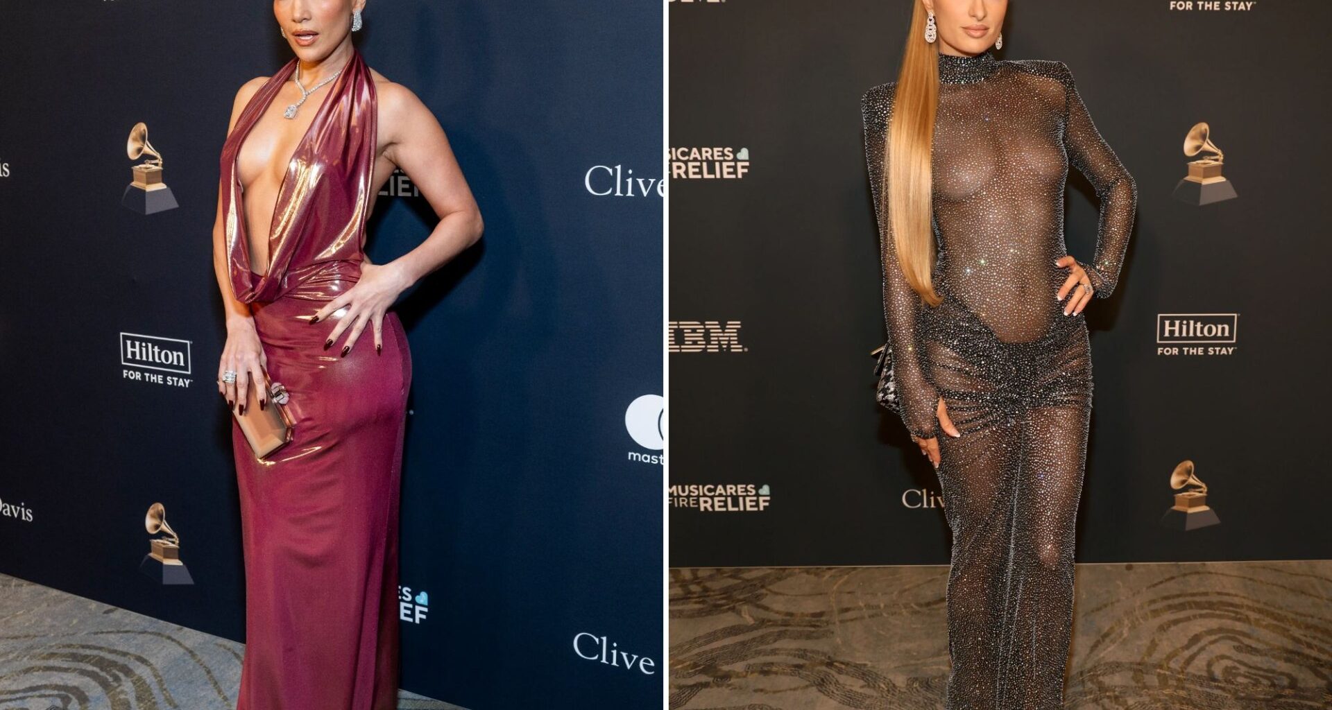 Stunning Jennifer Lopez shows off her curves in plunging dress as Paris Hilton wears sheer gown at pre-Grammys gala