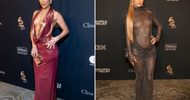 Stunning Jennifer Lopez shows off her curves in plunging dress as Paris Hilton wears sheer gown at pre-Grammys gala