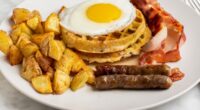 fried egg on waffles seved with homefries, sausages, and bacon