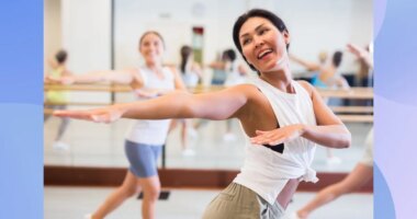 fit woman dancing in bright dance class studio